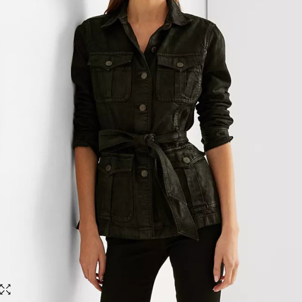 Ralph Lauren Utility Jacket Womens Black 14 Coated Denim Trucker Belted Field - Picture 5 of 10
